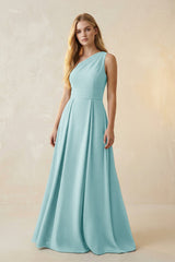 One - Shoulder Ruched A - Line Satin Bridesmaid Dress in Bleached Aqua - KISS BRIDAL Bridesmaid Dresses