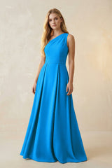 One - Shoulder Ruched A - Line Satin Bridesmaid Dress in Blue Jay - KISS BRIDAL Bridesmaid Dresses