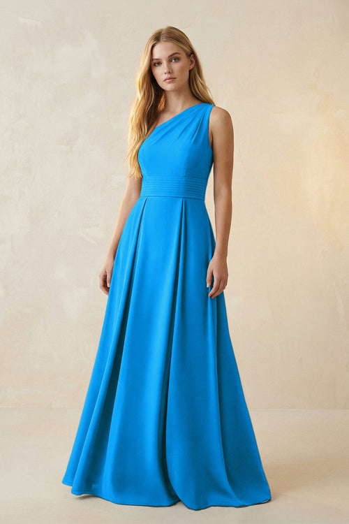 One - Shoulder Ruched A - Line Satin Bridesmaid Dress in Blue Jay - KISS BRIDAL Bridesmaid Dresses