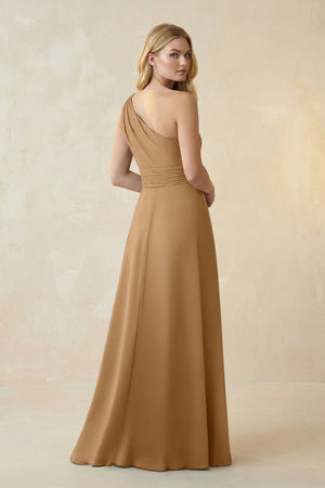One - Shoulder Ruched A - Line Satin Bridesmaid Dress in Bronzer - KISS BRIDAL Bridesmaid Dresses
