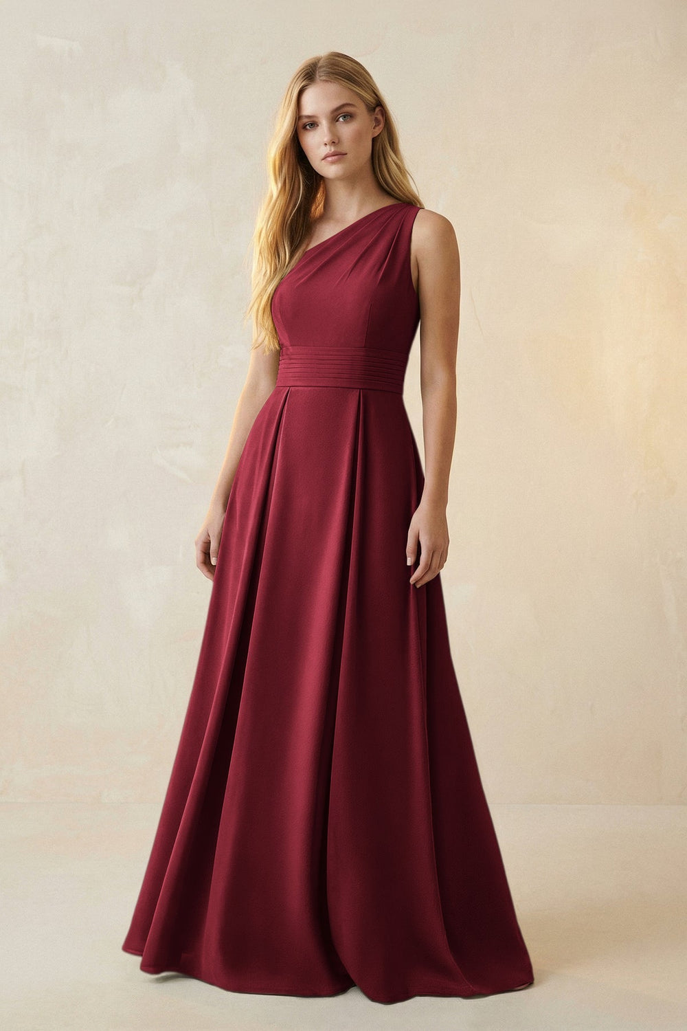 One - Shoulder Ruched A - Line Satin Bridesmaid Dress in Burgundy - KISS BRIDAL Bridesmaid Dresses