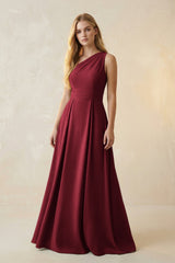 One - Shoulder Ruched A - Line Satin Bridesmaid Dress in Burgundy - KISS BRIDAL Bridesmaid Dresses