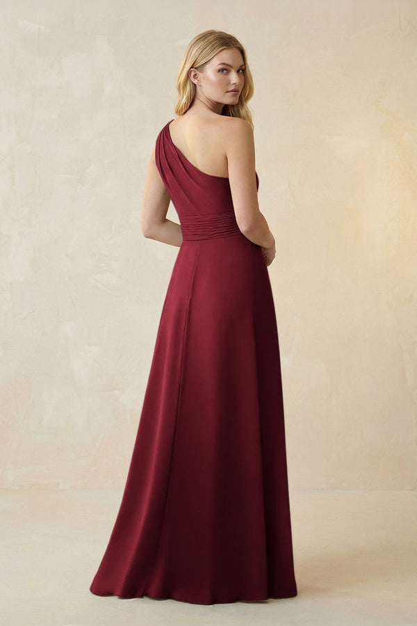 One - Shoulder Ruched A - Line Satin Bridesmaid Dress in Burgundy - KISS BRIDAL Bridesmaid Dresses