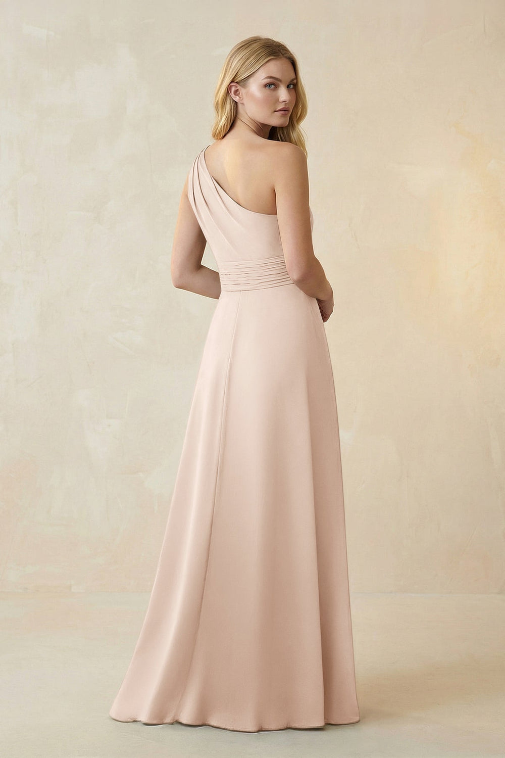 One - Shoulder Ruched A - Line Satin Bridesmaid Dress in Buttercream - KISS BRIDAL Bridesmaid Dresses