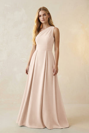 One - Shoulder Ruched A - Line Satin Bridesmaid Dress in Buttercream - KISS BRIDAL Bridesmaid Dresses