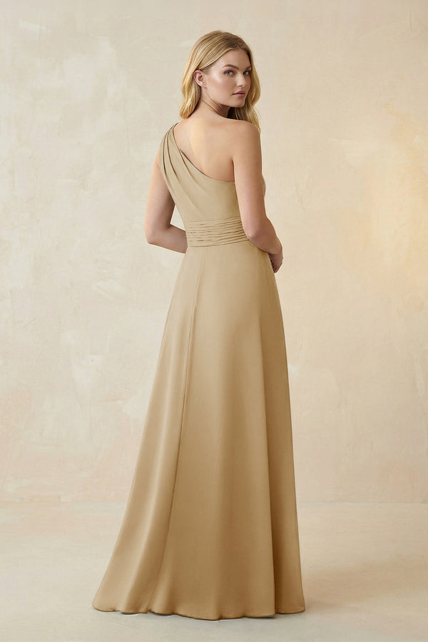 One - Shoulder Ruched A - Line Satin Bridesmaid Dress in Champagne - KISS BRIDAL Bridesmaid Dresses