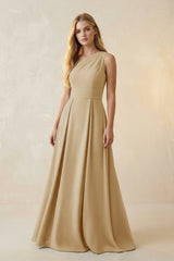 One - Shoulder Ruched A - Line Satin Bridesmaid Dress in Champagne - KISS BRIDAL Bridesmaid Dresses