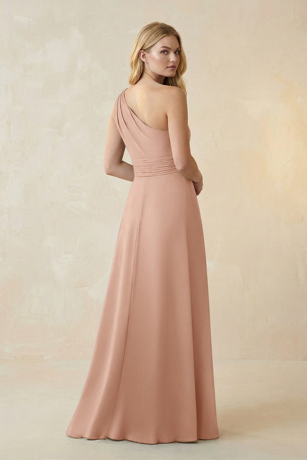 One - Shoulder Ruched A - Line Satin Bridesmaid Dress in Champagne Rose - KISS BRIDAL Bridesmaid Dresses