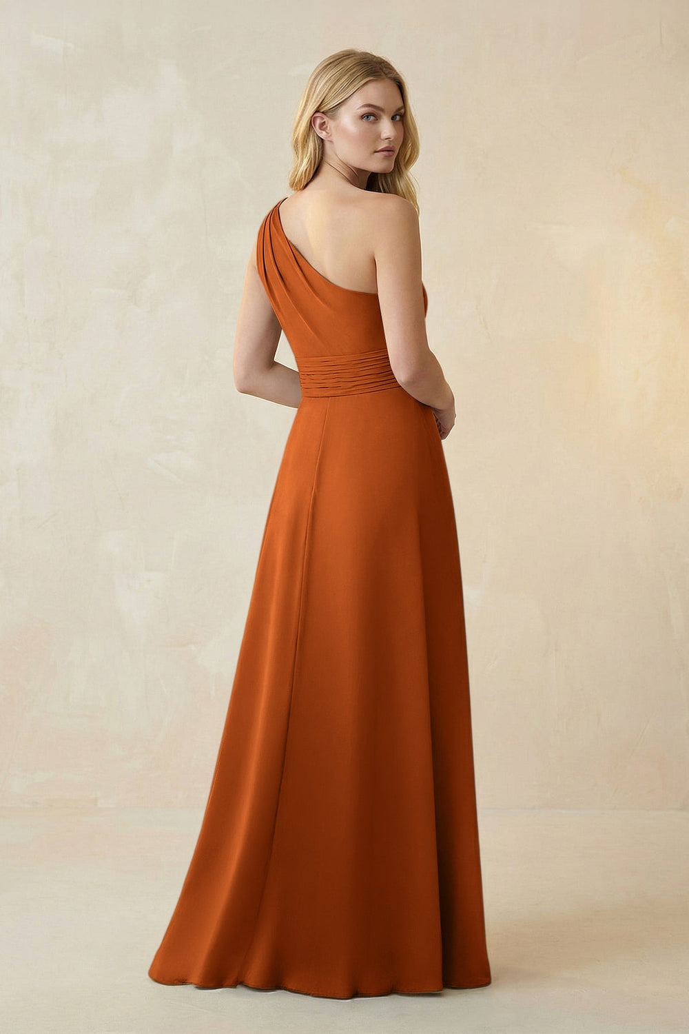 One - Shoulder Ruched A - Line Satin Bridesmaid Dress in Cinnamon - KISS BRIDAL Bridesmaid Dresses