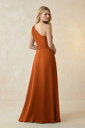 One - Shoulder Ruched A - Line Satin Bridesmaid Dress in Cinnamon - KISS BRIDAL Bridesmaid Dresses