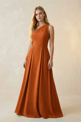 One - Shoulder Ruched A - Line Satin Bridesmaid Dress in Cinnamon - KISS BRIDAL Bridesmaid Dresses