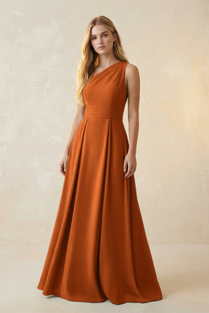 One - Shoulder Ruched A - Line Satin Bridesmaid Dress in Cinnamon - KISS BRIDAL Bridesmaid Dresses