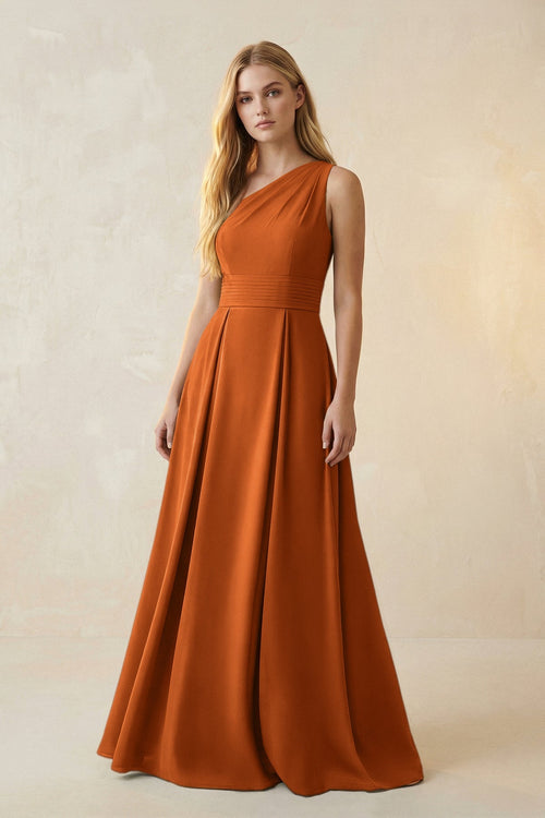 One - Shoulder Ruched A - Line Satin Bridesmaid Dress in Cinnamon - KISS BRIDAL Bridesmaid Dresses