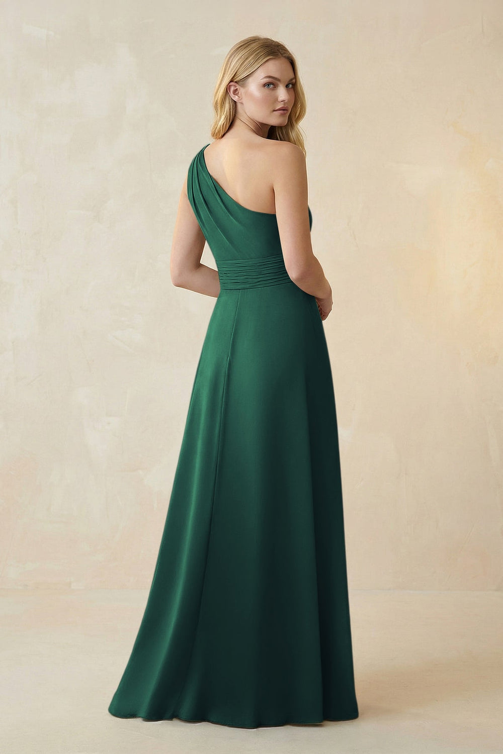 One - Shoulder Ruched A - Line Satin Bridesmaid Dress in Dark Green - KISS BRIDAL Bridesmaid Dresses