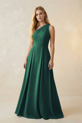 One - Shoulder Ruched A - Line Satin Bridesmaid Dress in Dark Green - KISS BRIDAL Bridesmaid Dresses