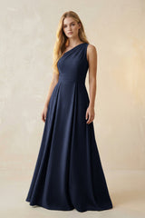 One - Shoulder Ruched A - Line Satin Bridesmaid Dress in Dark Navy - KISS BRIDAL Bridesmaid Dresses
