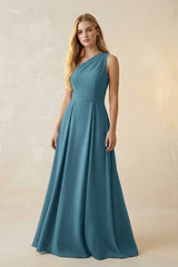 One - Shoulder Ruched A - Line Satin Bridesmaid Dress in Dark Teal - KISS BRIDAL Bridesmaid Dresses