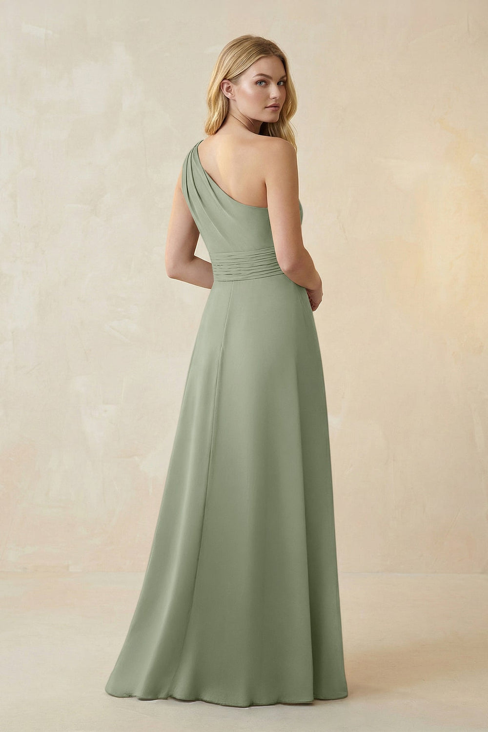 One - Shoulder Ruched A - Line Satin Bridesmaid Dress in Dove Gray - KISS BRIDAL Bridesmaid Dresses