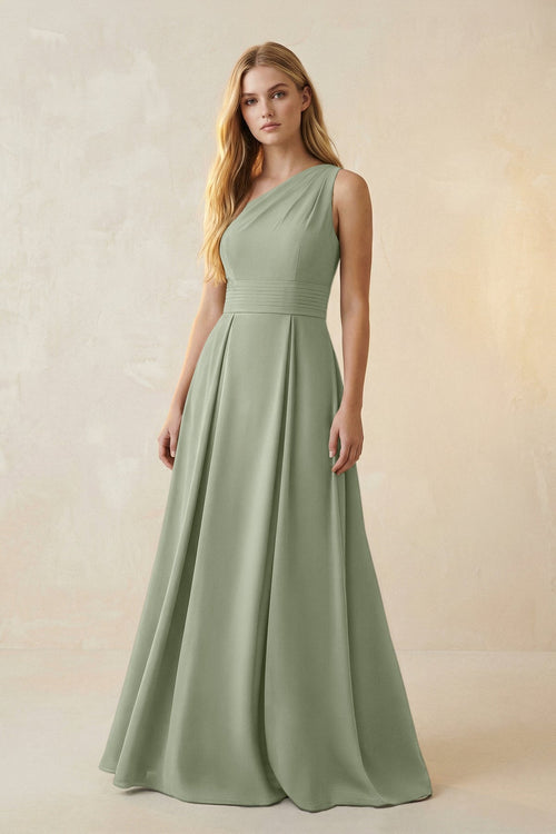 One - Shoulder Ruched A - Line Satin Bridesmaid Dress in Dove Gray - KISS BRIDAL Bridesmaid Dresses