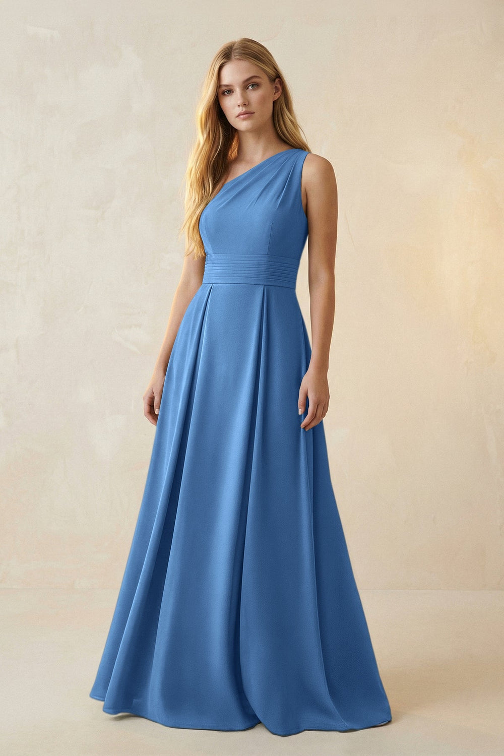 One - Shoulder Ruched A - Line Satin Bridesmaid Dress in Dusty Blue - KISS BRIDAL Bridesmaid Dresses