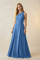 One - Shoulder Ruched A - Line Satin Bridesmaid Dress in Dusty Blue - KISS BRIDAL Bridesmaid Dresses