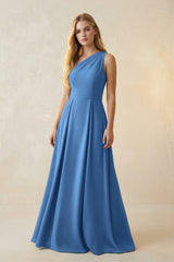 One - Shoulder Ruched A - Line Satin Bridesmaid Dress in Dusty Blue - KISS BRIDAL Bridesmaid Dresses