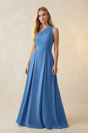 One - Shoulder Ruched A - Line Satin Bridesmaid Dress in Dusty Blue - KISS BRIDAL Bridesmaid Dresses