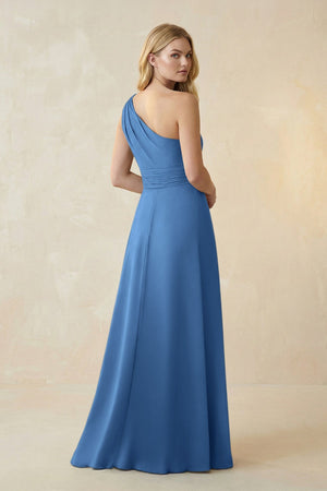 One - Shoulder Ruched A - Line Satin Bridesmaid Dress in Dusty Blue - KISS BRIDAL Bridesmaid Dresses