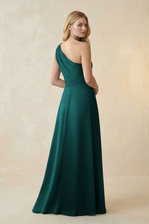One - Shoulder Ruched A - Line Satin Bridesmaid Dress in Emerald - KISS BRIDAL Bridesmaid Dresses