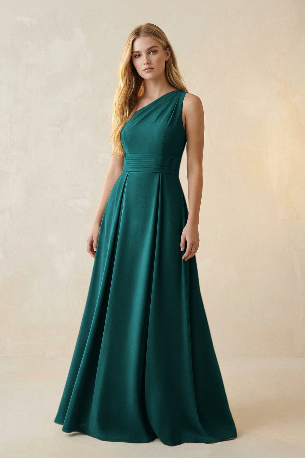 One - Shoulder Ruched A - Line Satin Bridesmaid Dress in Emerald - KISS BRIDAL Bridesmaid Dresses
