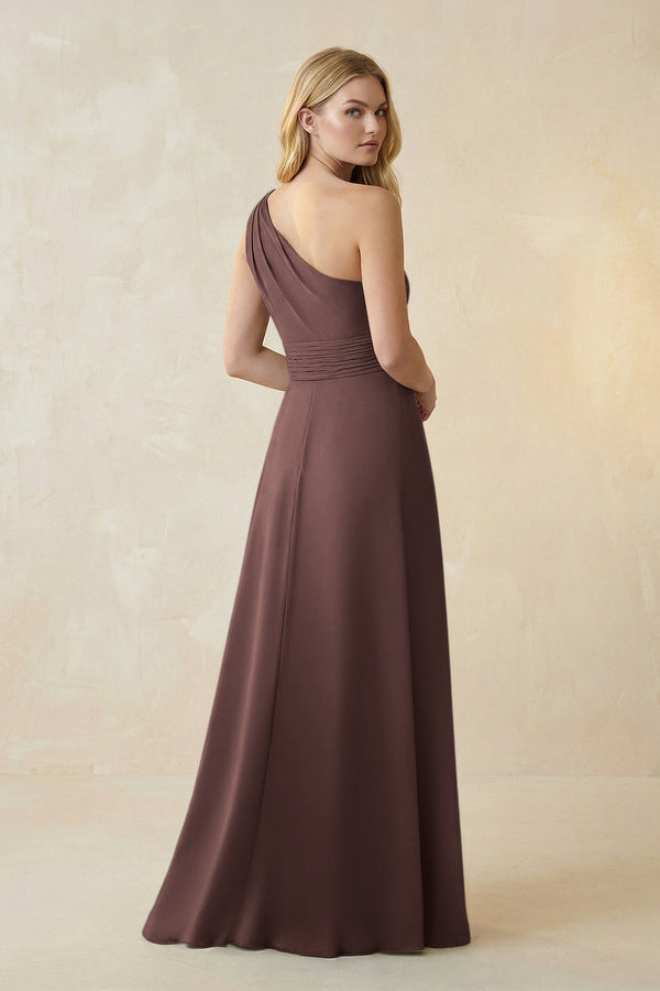 One - Shoulder Ruched A - Line Satin Bridesmaid Dress in Espresso - KISS BRIDAL Bridesmaid Dresses