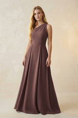 One - Shoulder Ruched A - Line Satin Bridesmaid Dress in Espresso - KISS BRIDAL Bridesmaid Dresses