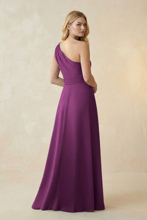 One - Shoulder Ruched A - Line Satin Bridesmaid Dress in Fig - KISS BRIDAL Bridesmaid Dresses