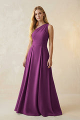 One - Shoulder Ruched A - Line Satin Bridesmaid Dress in Fig - KISS BRIDAL Bridesmaid Dresses