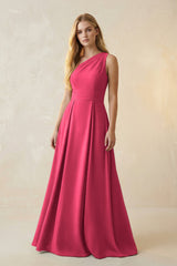One - Shoulder Ruched A - Line Satin Bridesmaid Dress in Fuchsia - KISS BRIDAL Bridesmaid Dresses