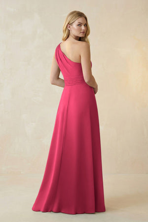 One - Shoulder Ruched A - Line Satin Bridesmaid Dress in Fuchsia - KISS BRIDAL Bridesmaid Dresses