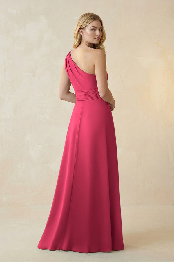 One - Shoulder Ruched A - Line Satin Bridesmaid Dress in Fuchsia - KISS BRIDAL Bridesmaid Dresses