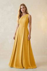 One - Shoulder Ruched A - Line Satin Bridesmaid Dress in Gold - KISS BRIDAL Bridesmaid Dresses