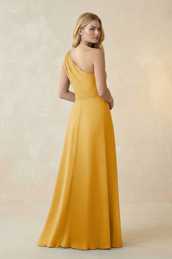 One - Shoulder Ruched A - Line Satin Bridesmaid Dress in Gold - KISS BRIDAL Bridesmaid Dresses