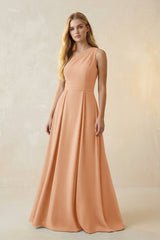 One - Shoulder Ruched A - Line Satin Bridesmaid Dress in Golden Champagne - KISS BRIDAL Bridesmaid Dresses