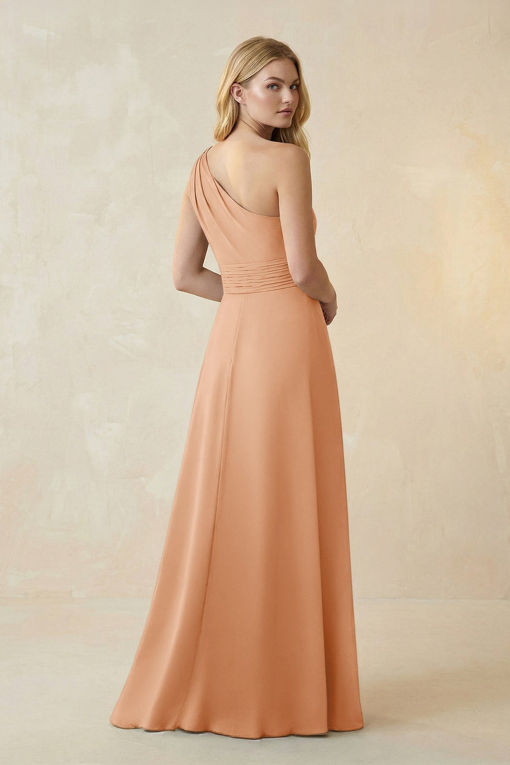 One - Shoulder Ruched A - Line Satin Bridesmaid Dress in Golden Champagne - KISS BRIDAL Bridesmaid Dresses