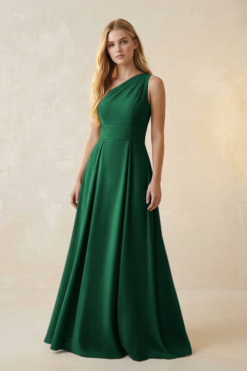 One - Shoulder Ruched A - Line Satin Bridesmaid Dress in Green - KISS BRIDAL Bridesmaid Dresses