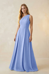 One - Shoulder Ruched A - Line Satin Bridesmaid Dress in Ice - KISS BRIDAL Bridesmaid Dresses