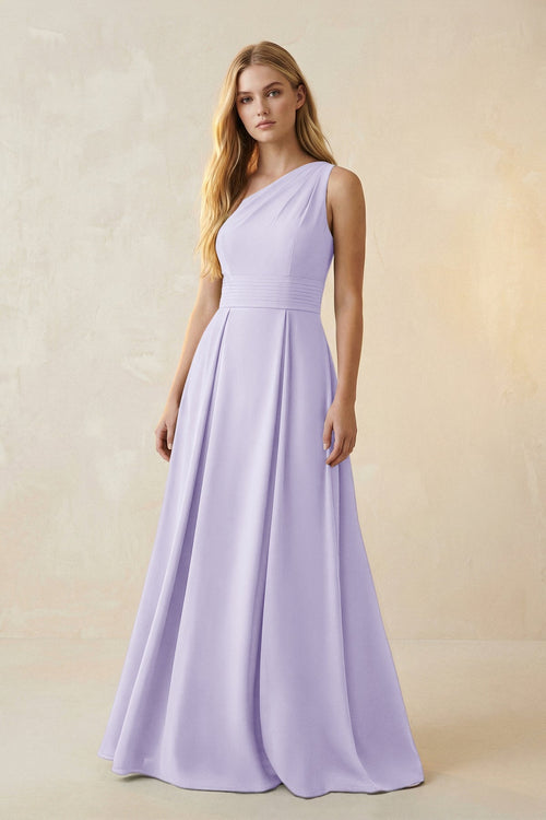 One - Shoulder Ruched A - Line Satin Bridesmaid Dress in Lavender - KISS BRIDAL Bridesmaid Dresses