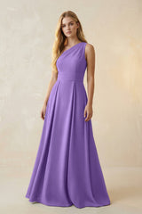 One - Shoulder Ruched A - Line Satin Bridesmaid Dress in Lilac - KISS BRIDAL Bridesmaid Dresses