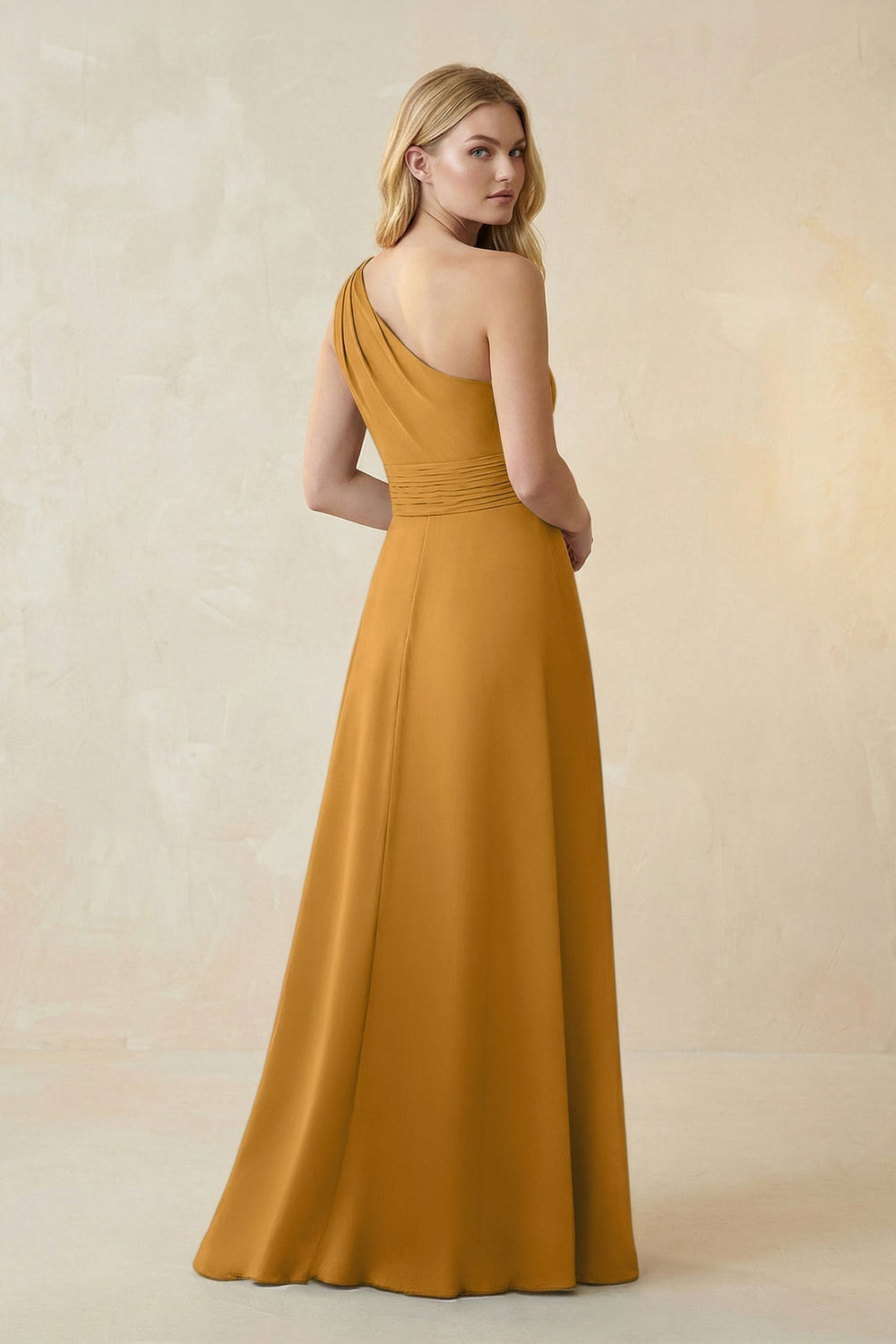 One - Shoulder Ruched A - Line Satin Bridesmaid Dress in Marigold - KISS BRIDAL Bridesmaid Dresses