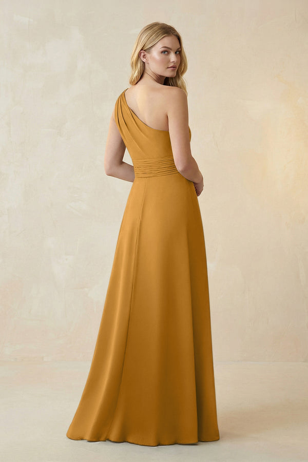 One - Shoulder Ruched A - Line Satin Bridesmaid Dress in Marigold - KISS BRIDAL Bridesmaid Dresses