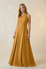 One - Shoulder Ruched A - Line Satin Bridesmaid Dress in Marigold - KISS BRIDAL Bridesmaid Dresses