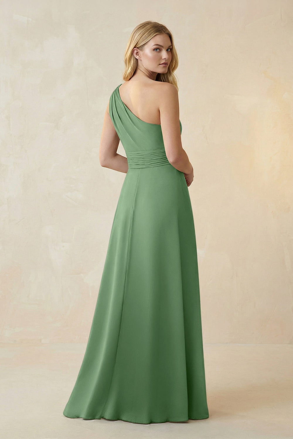 One - Shoulder Ruched A - Line Satin Bridesmaid Dress in Matcha - KISS BRIDAL Bridesmaid Dresses
