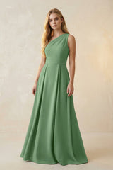 One - Shoulder Ruched A - Line Satin Bridesmaid Dress in Matcha - KISS BRIDAL Bridesmaid Dresses